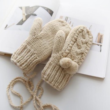 圍美新款加絨保暖連指手套女冬可愛韓版 學生加厚掛脖毛線手套