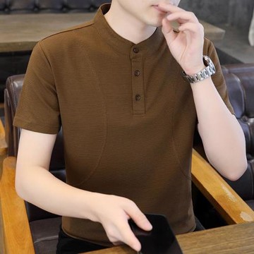 冰絲棉立領t恤男人短袖夏季高端休閑卡其色帶領polo衫半袖亨利衫