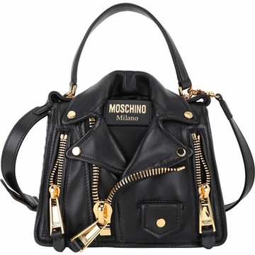 MOSCHINO Biker 騎士風皮衣造型羊皮手提/斜背包(黑x金色)