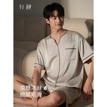 軒靚冰絲睡衣男士夏天薄款短袖夏季仿真絲綢套頭大碼家居服套裝