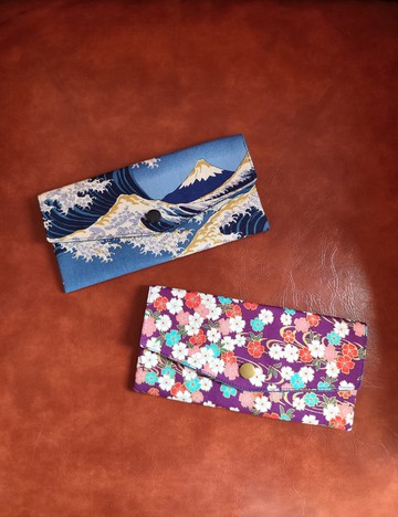 雙層紅包袋/存摺袋/手機袋/錢包/藍色大浪富士山/紫色燙金花