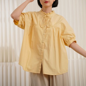 純色係帶花邊領短袖襯衣121456C