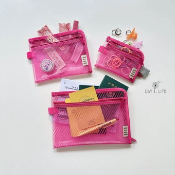 理理 liil - 透感六角網格彩虹雙拉鍊袋_小尺寸3入組-XS+S+M-草莓粉