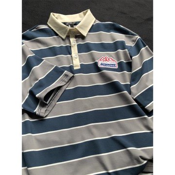 夏季潮牌條紋polo衫男士寬松翻領短袖上衣港風翻領t藍色灰色條t恤