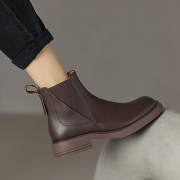 短靴女靴春秋單靴圓頭中跟平底靴粗跟真皮40大碼41松緊帶切爾西靴