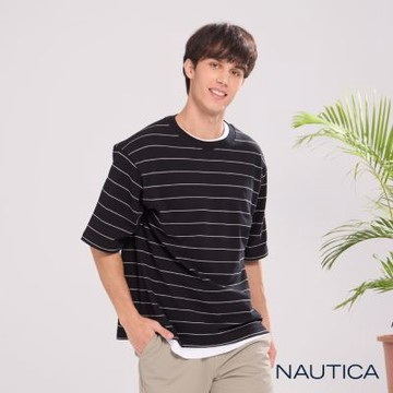 Nautica 官方旗艦 男裝 低調簡約條紋短袖T恤-黑色