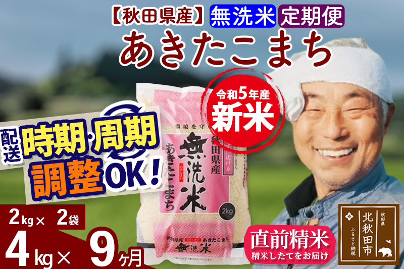 《定期便9ヶ月》＜新米＞秋田県産 あきたこまち 4kg(2kg小分け袋) 令和5年産 配送時期選べる 隔月お届けOK お米 おおもり|oomr-30209