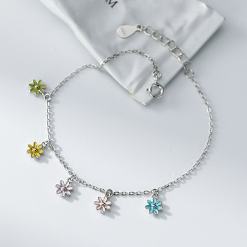 彩色滴油純銀花朵手鍊 M4855 日系 S925純銀 通體純銀 雛菊 小花純銀手鍊