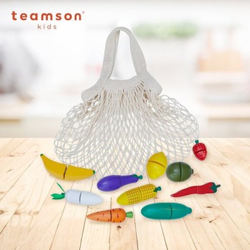 水果切一切【Teamson】小廚師法蘭克福木製玩具蔬菜水果網袋11件套組(TK-W00015) 兒童 玩具 扮家家酒 角色扮演 生日禮 快樂成長