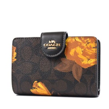 COACH 花卉緹花LOGO防刮釦式中夾-咖啡色
