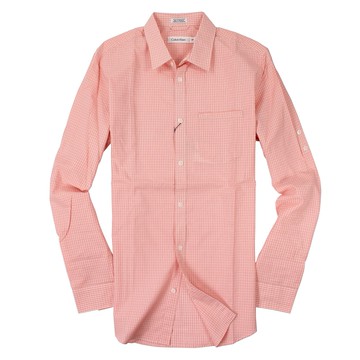 美國百分百【全新真品】Calvin Klein 襯衫 CK 長袖 上衣 粉橘 純棉 春夏 薄 口袋 格紋 男 S A936