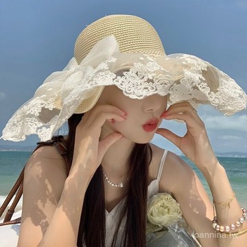 默契滿分💯 蕾絲蝴蝶結草帽夏季帽簷遮陽帽遮陽防曬太陽帽海邊沙灘漁夫帽帽子 POVQ