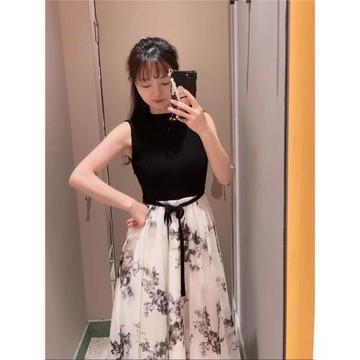 日系S家2025夏簡約圓領無袖收腰針織薄紗拼接收腰腰帶印花連衣裙