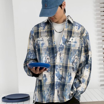 【AMERO】男裝 女裝 長袖格子襯衫 電繡 雲彩 情侶裝