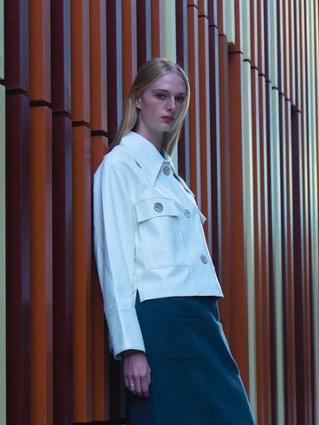 Vegan Leather Asymmetrical Cropped Jacket [Beige]