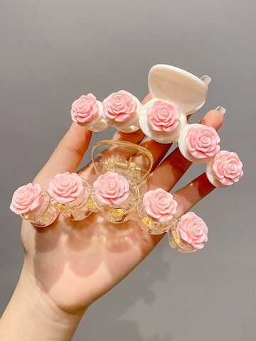 透明粉色玫瑰花抓夾女網紅后腦勺盤發鯊魚夾子發夾高級感頭飾發卡