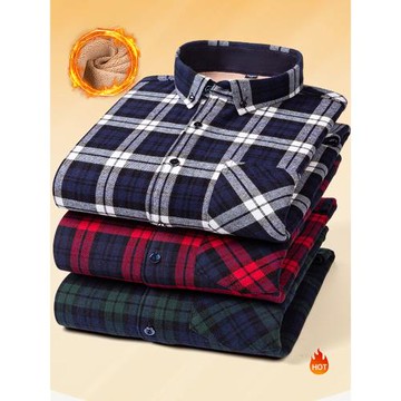 冬裝純棉保暖襯衫男加絨加厚中年爸爸裝休閑一體絨格子襯衫外穿