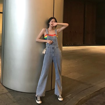 背帶褲女小個子2021韓版寬松減齡高腰闊腿牛仔褲直筒吊帶連體褲