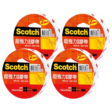 3M Scotch 超強力雙面膠帶  18mmx5yd  黏性更強  適用於厚紙板黏貼 美工用途  透明色  4個