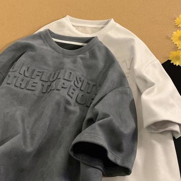 400g重磅麂皮絨短袖T恤男美式復古小領口oversize潮牌潮流體袖夏