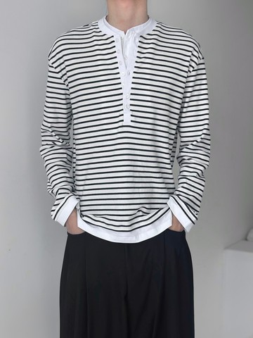 日系復古 假兩件亨利領長袖T恤 條紋慵懶上衣