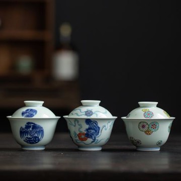 仿古青花三才蓋碗 陶瓷單個泡茶碗帶蓋 大號茶杯高檔功夫茶具套裝