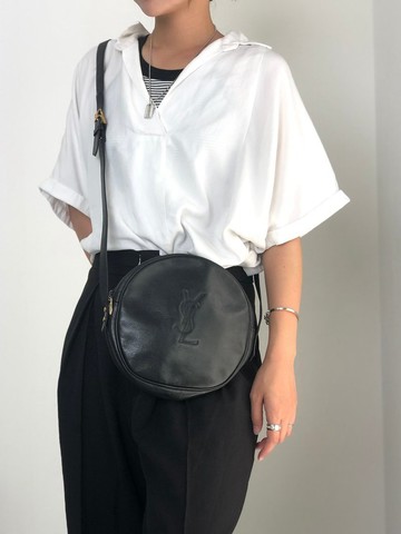 【日本直送 名牌中古包】Yves Saint Laurent 肩背包 黑色 YSL 縫線 皮革 圓形 vintage n8ts56