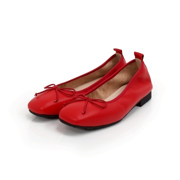 viina 全真皮素面蝴蝶結平底娃娃鞋-紅