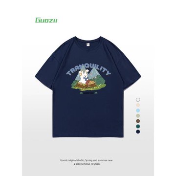 Guozii藏青色正肩短袖t恤女男小兔子可愛風純棉寬松情侶裝上衣夏