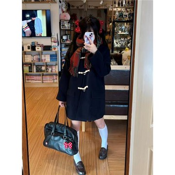 冬季小個子牛角扣jk大衣2025新款日系學院風中長款毛呢制服外套