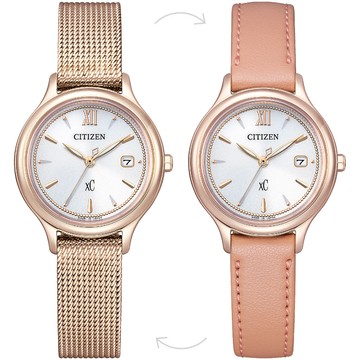 CITIZEN 星辰 xC 亞洲限定款光動能米蘭帶氣質套錶/櫻花粉紅金/28mm/EW2635-62A