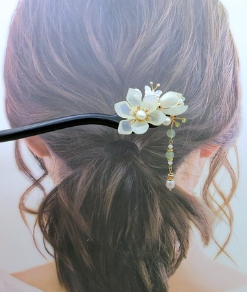 檸檬手作髮飾  岫玉荷花黑檀木髮簪(流蘇可拆)