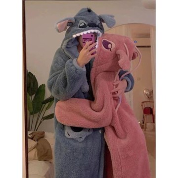 史迪仔情侶睡衣女款秋冬季珊瑚絨加厚加絨男士冬天浴袍睡袍家居服