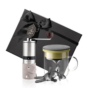 PO:Selected｜丹麥手沖咖啡禮盒組(手動不鏽鋼咖啡磨2.0/咖啡玻璃杯350ml-黑綠)