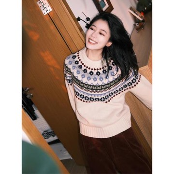 慵懶風費爾島復古提花圣誕氛圍感毛衣女秋冬季寬松軟糯針織衫加厚