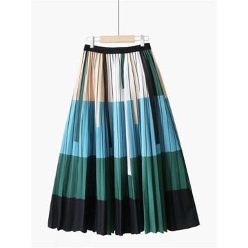 秋冬韓版高腰顯瘦通勤印花百褶時尚百搭條紋撞色a字中長款半身裙