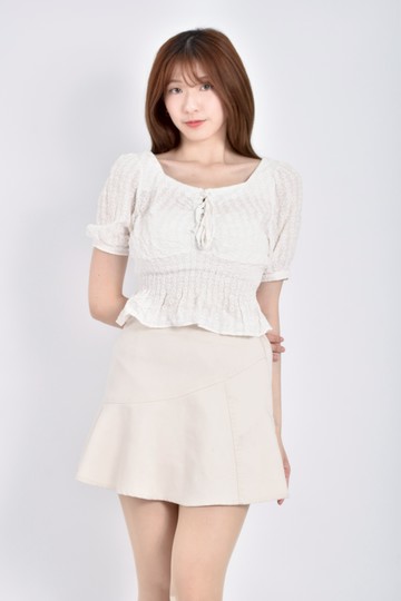 (S) 【作珩私服】circle修身短版質感鬆緊腰花紋白色短袖上衣