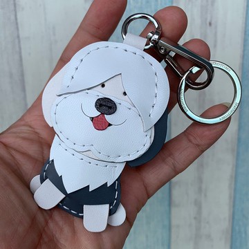 療癒小物 白色 英國古代牧羊犬 手工縫製 皮革 鑰匙扣 小尺寸