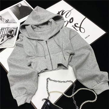 CCA自制美式辣妹風短款高腰連帽衛衣超短運動夾克帽衫灰色外套女