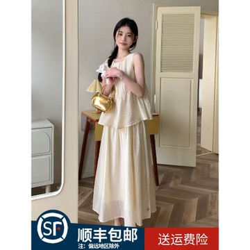 米白色假兩件無袖連衣裙女2025夏季新款法式溫柔風氣質清冷感長裙