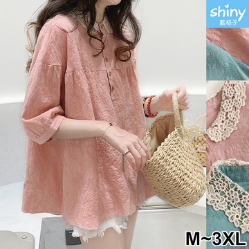 【V3575】shiny藍格子-百搭春夏．甜美蕾絲領棉麻娃娃衫上衣