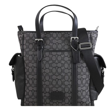 COACH CR325 SPT TOTE 緹花布皮革邊飾兩用直式商務包.黑灰