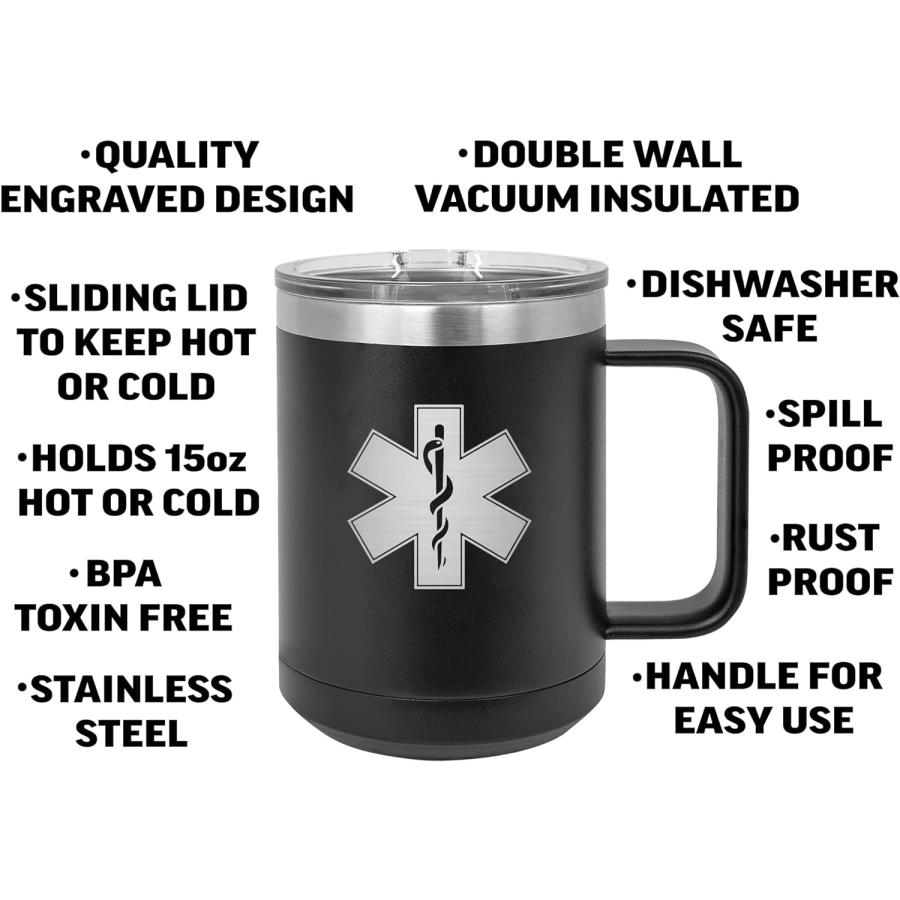 Rogue River Tactical Black EMT Star of Life Logo Stainless Steel Coffee Mug Tumbler With Lid Novelty Cup Great Gift Idea For EMT EMS or Paramedic