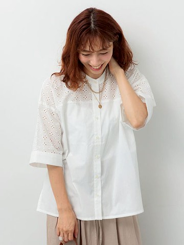 氣質蕾絲拼接排釦無領襯衫(0F001070710) - Lugnoncure