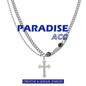 PARADISE 設計感 十字架 拼接 鑲鑽 項鍊 美式 百搭 鈦鋼 不過敏不掉色