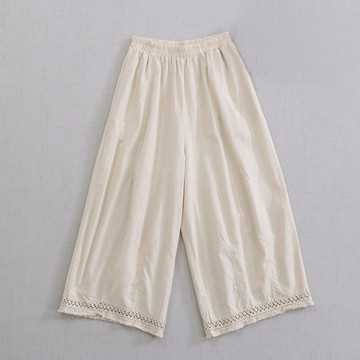 棉麻蕾絲拼接鬆緊腰九分寬褲812341