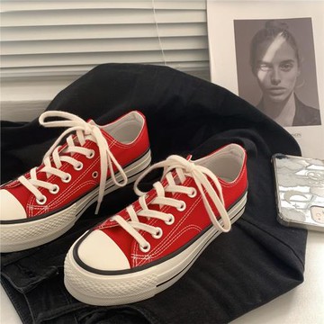 紅色厚底帆布鞋女春夏2025年新款低幫復古板鞋松糕鞋子女ins潮鞋