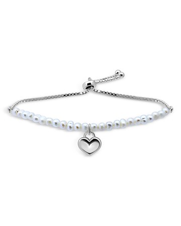 Aqua Heart Charm Cultured Freshwater Pearl Beaded Slider Bracelet in Sterling Silver - Exclusive