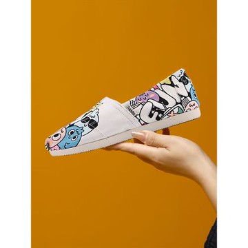 Tt&Mm/湯姆斯涂鴉小白鞋夏季一腳蹬懶人帆布鞋女低幫學生套腳布鞋