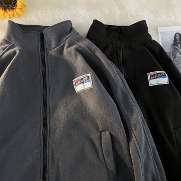 搖粒絨外套ins港風男生春秋季百搭加厚上衣潮流寬松貼標立領夾克